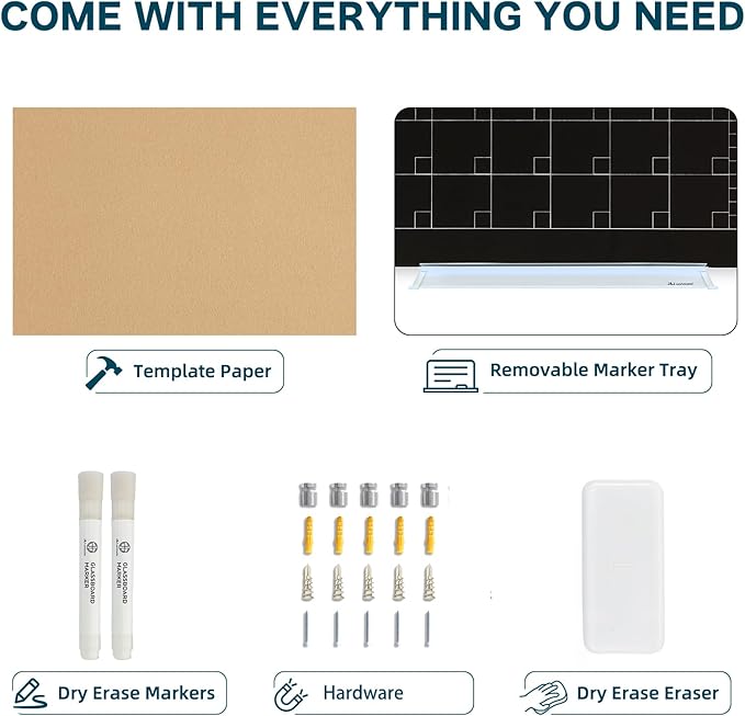 J&J worldwide Magnetic Whiteboard Calendar, 47 x 35 Black Glass Wall Calendar Dry Erase Board Monthly Planner for Home, School, Office, Frameless, with Markers, Marker Tray, Eraser, Magnets