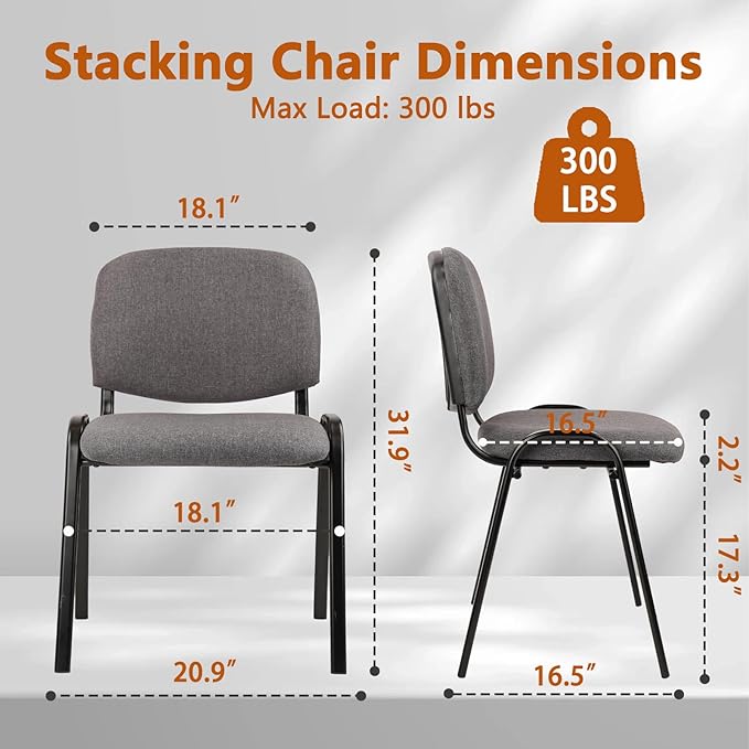 CLATINA Set of 10 Stackable Waiting Room Chairs, Armless No Wheels Reception Chair with Upholstered Seat, Guest Chairs for Conference, Breakroom, Lobby, Events, Church, School, Hall, Hotel (Grey)