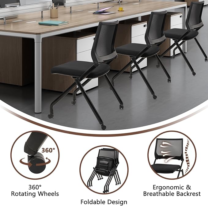 CLATINA Stackable & Foldable Conference Room Chairs, Waiting Room Chairs with Wheels & Lumbar Support, Ergonomic Mesh Bouncing Back Folding Chair for Office Meeting Schools Training, Black
