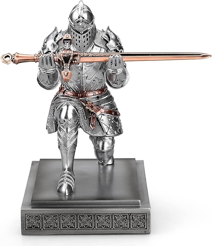 King's Guard Knight Pen Holder Pen Stand Desk Organizers and Accessories Resin Pencil Holder as Gift for Office and Home (Silver)