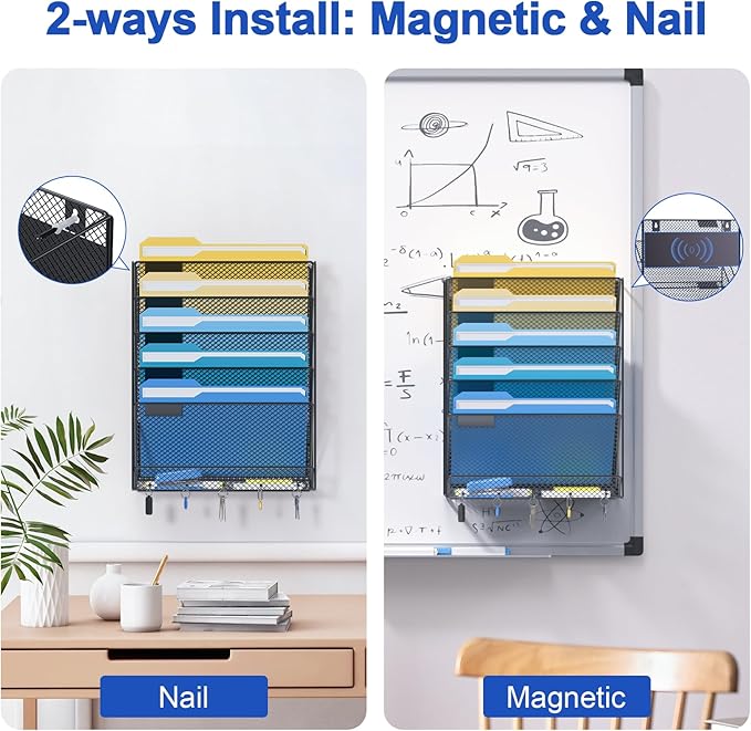 samstar Magnetic Wall File Holder, 6-Tier Hanging Wall File Organizer Wall Mount Paper File Folder Mail Organizer for Office/School, Magnetic