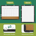 Dry Erase Calendar White Board for Wall, Polegas 17" X 13" Magnetic Whiteboard Dry Erase Cork Board Combination, Small Wall Monthly Double Sided Boards Student, Home, Office (Black)