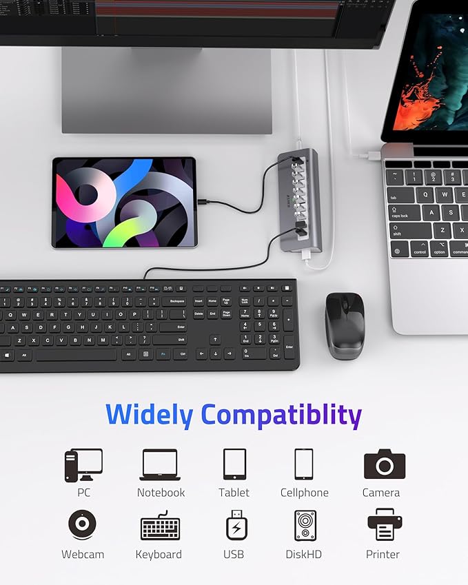 Powered USB Hub 10Gbps, 10 Ports USB 3.1 Gen 2 Hub Power Multiport USB Splitter USB Extender (7 USB 3.1 Data Port and 3 Fast Charging Port) with 36W Power Adapter, for Desktop/USB-A&USB-C Laptop/PC