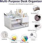 Desk Drawer Organizer, Desk Storage Box with 2 Drawers and 4 Compartments, Multifunctional Desk Accessories & Countertop Organizers for Office School Home (White