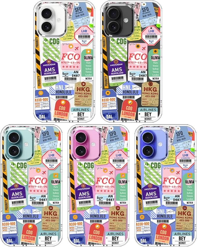 MOSNOVO Case for iPhone 16, [Buffertech 6.6ft Military-Grade Drop Protection] [Anti Peel Off Tech] Clear TPU Bumper Phone Case Cover Design - Air Ticket Labels