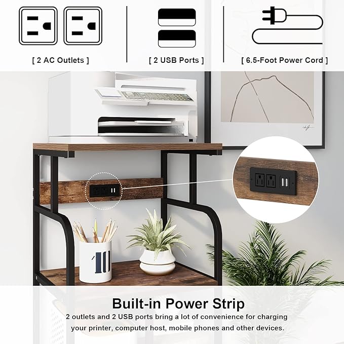 VEDECASA Large Printer Stand Cart with Charging Station USB Port 21.2"x15.7"x42.3" Tall 3-Tier Adjustable Shelf Storage Home Office Rolling Stand with Wheels