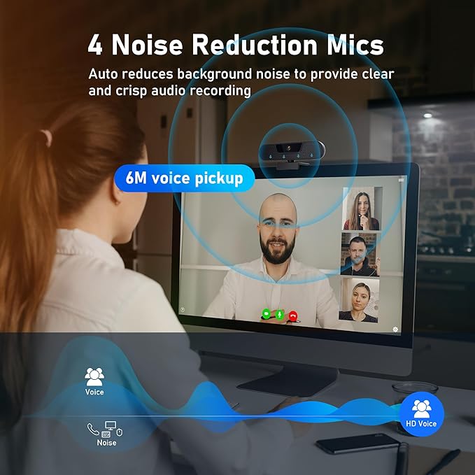 4K Webcam, Computer Camera with 4 Noise-canceling Microphones for Computer/Laptop/Mac, Privacy Cover and Tripod, Work with Video Conference, Live Streaming, Gaming, Video Calls, Zoom