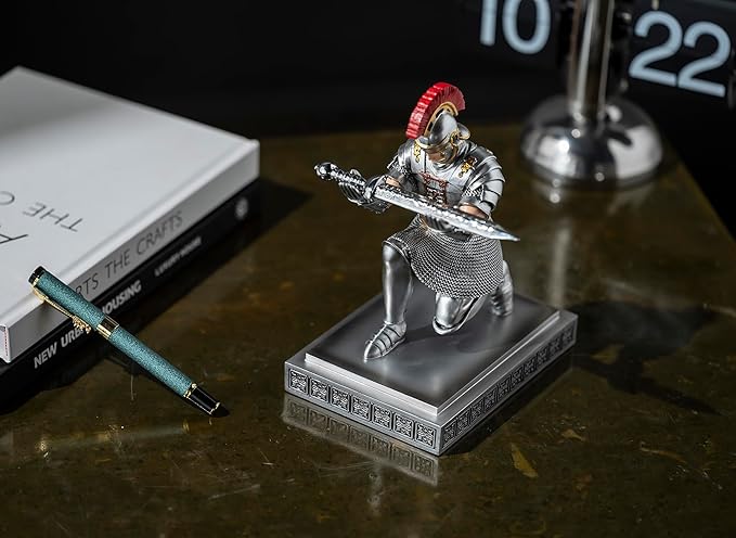 Roman Praetorian Warrior Knight Pen Holder Desk Ornament Resin Pencil Holder Desk Accessories and Organizer for Office with a Letter Opener (Silver)