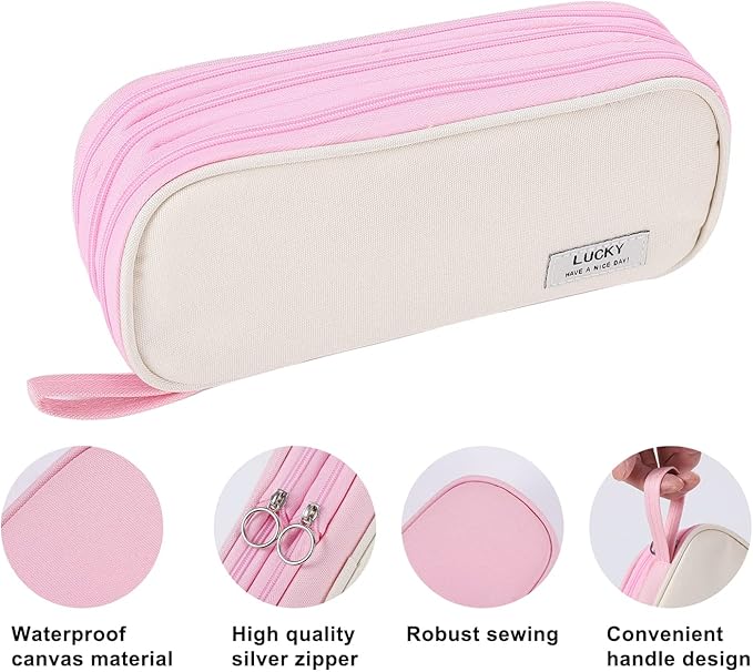Big Pencil Case Zipper Pencil Pouch Organizer Large Capacity Pen Bag with Handle Portable for Girls Kids Adults Gift Pen Case for School Home Office Light-pink