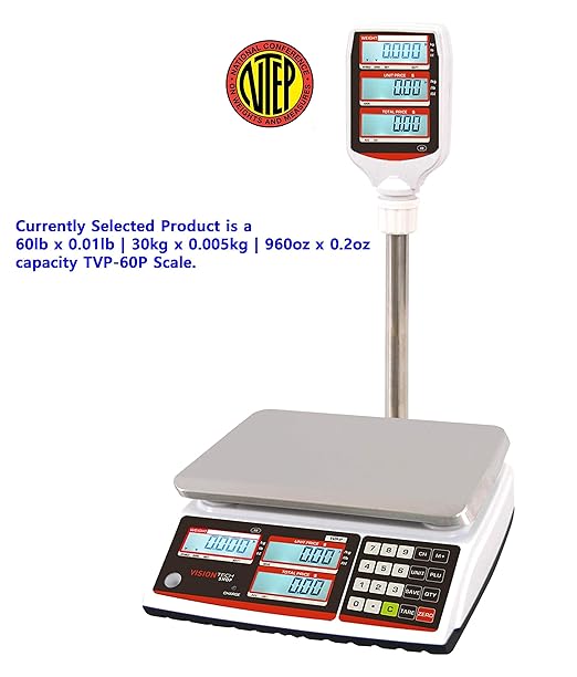 VisionTechShop TVP-60P Price Computing Scale with Pole Display, Lb/Oz/Kg, 60lb Capacity, 0.01lb Readability, NTEP Legal for Trade COC #19-038, NSF Certified