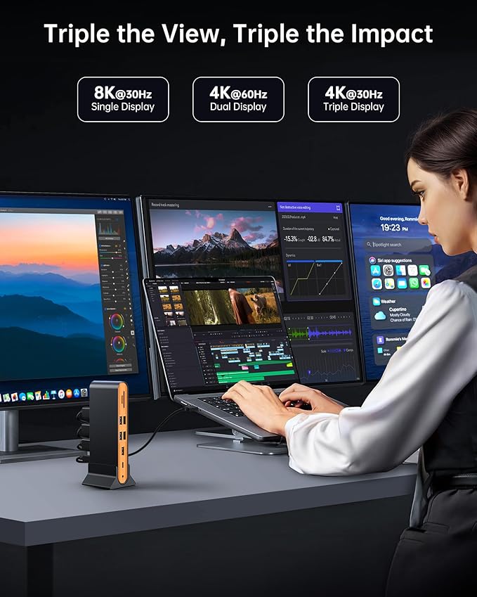 NOVOO 15-in-1 Vertical/Horizontal USB C Docking Station Triple Monitor – 8K@30Hz DP, Dual 4K@60Hz HDMI, 10Gbps USB-A/C, SD/TF, 1Gbps Ethernet,Dual Monitor Adapter Dock for MacBook, Windows Laptops