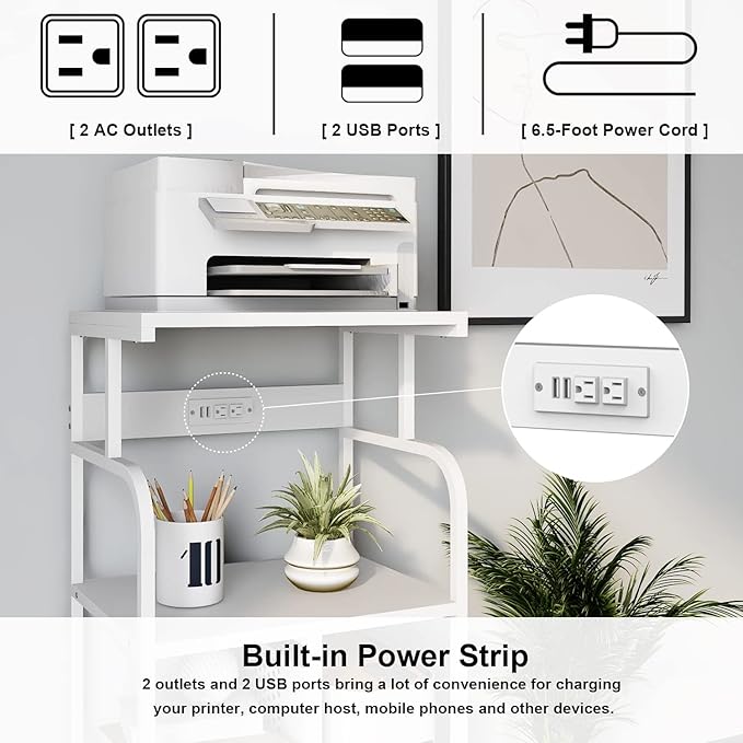 VEDECASA Mobile High Printer Stand with Power Outlet Charging Plugs USB Port Office Storage Shelf Includes Computer Tower CPU Stand Holder with Wheel (White)