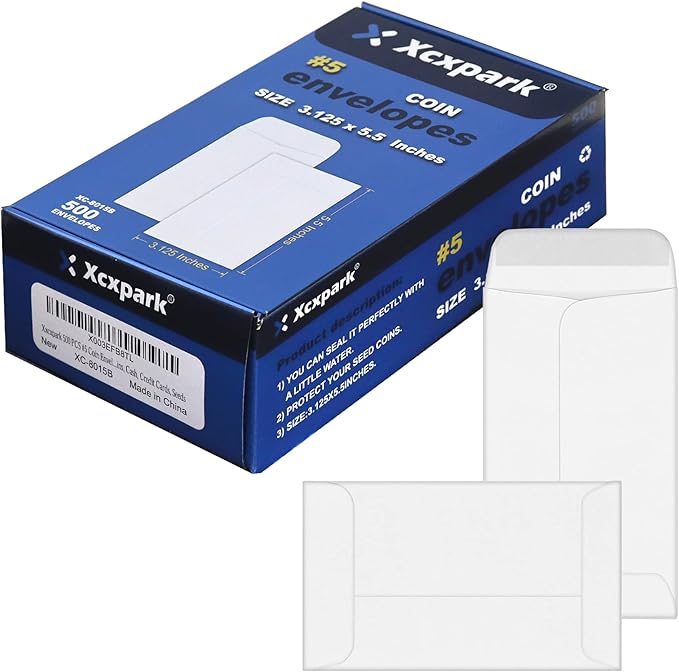 500 PCS #5 Coin Envelopes, 3.125 x 5.5 inches White Kraft Envelopes Classic Small Parts Envelopes with Self Adhesive Gummed Flap for Coins, Cash, Credit Cards, Seeds