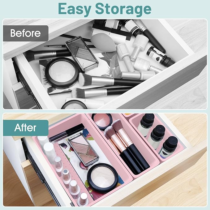 WOWBOX 25 PCS Plastic Drawer Organizer Set, 4 Sizes Desk Drawer Divider Organizers and Storage Bins for Makeup, Jewelry, Gadgets for Kitchen, Bedroom, Bathroom, Office, Pink