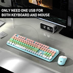 Wireless Keyboard and Mouse Set, 105 Round Keys Full-Size Cute Colorful Keyboard and Mouse with Retro Typewriter for PC/Mac/Laptop/Tablet/Computer/Windows Light Blue