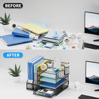 Lavatino Desk Organizer with File Holder, 5-Tier Paper Letter Tray Organizer with Sliding Drawer and 2 Pen Holder, Mesh Desktop File Organizer for Office Supplies (Black)