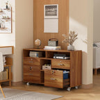 VINGLI Wide 4 Drawer Lockable Rolling File Cabinet with Open Shelves - Walnut Wood Lateral File Cabinet Printer Stand for Home Office, Letter Sized