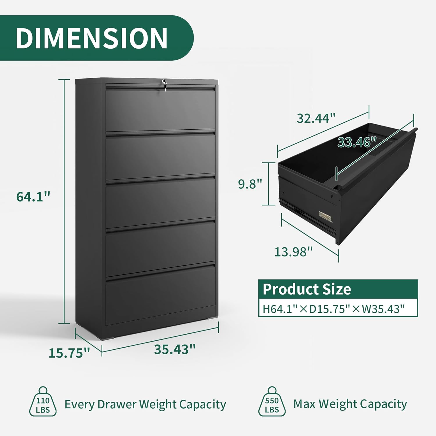 Lateral File Cabinet 5 Drawer, Metal File Cabinets for Home Office Legal/Letter A4 Size, Filing Cabinet with 5 Lock, Require Assembly, Black