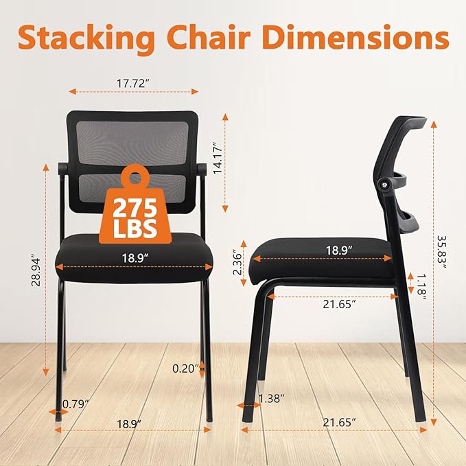 CLATINA Stacking Armless Office Waiting Room Chair with Adjustable Backrest, Stackable Mesh Guest Reception Desk Chairs with Ergonomic Lumbar Support for Conference Lobby Side School, Black, 8 Pack