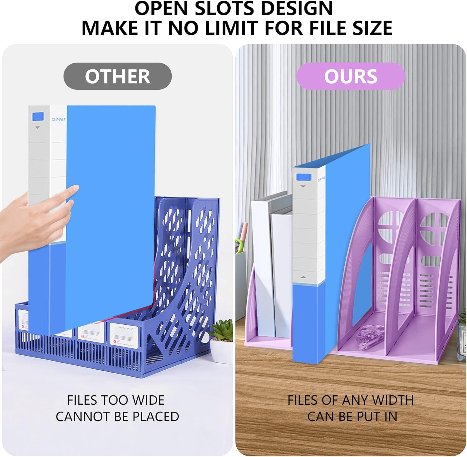 SAYEEC Magazine File Holder Folder Storage Desktop 4 Compartment Standing Hollow Purple Files Bookshelf Organizer Box Office Racks Displays Holds Notebooks Documents for School Working Students