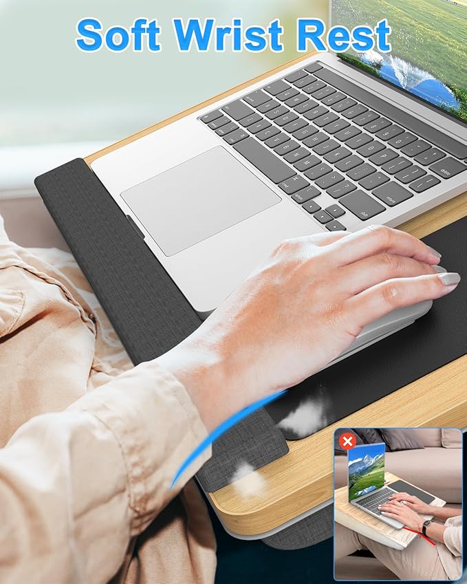 Laptop Lap Desk, Portable Large Laptop Desk for Bed, Up to 17 in Lap Table with Wrist Rest, Mouse Pad, Tablet Phone Slot, Portable Handle, Cushion (Light Brown)