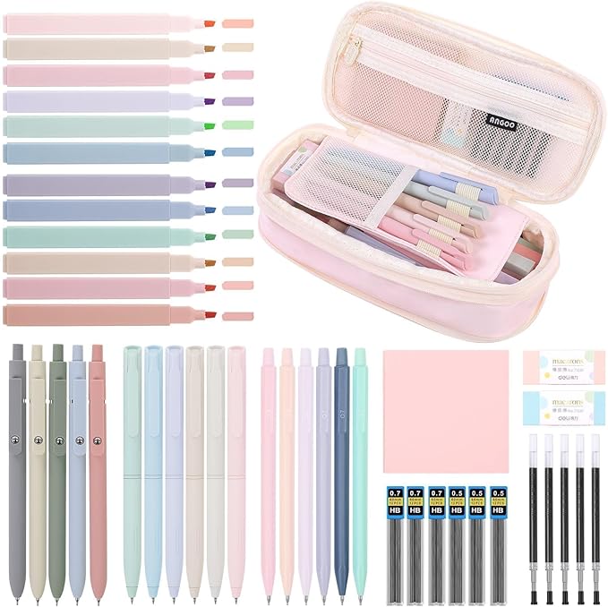SKYDUE Cute School Supplies 44 PCS, Aesthetic Pencil Case with 12 Pastel Highlighters, 5 Black Gel Pens, 6 Color Gel Pens & Mechanical Pencils, College Essentials Students Stationary Set Pink