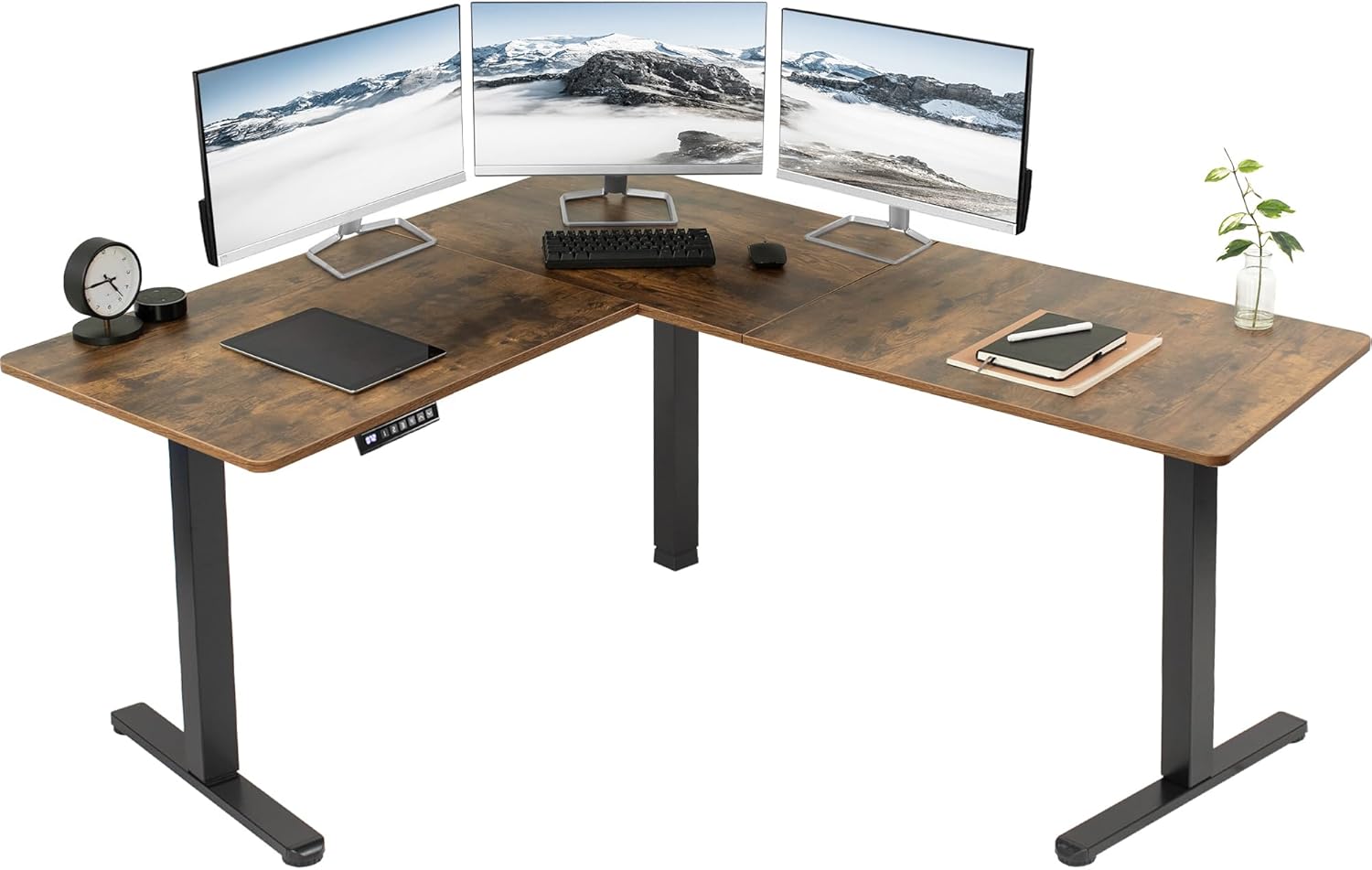 VIVO Electric Corner L-Shaped 63 x 55 in Rustic Standing Desk, Memory Height Adjustment, Vintage Brown Top Black Frame, DESK-E3CTN