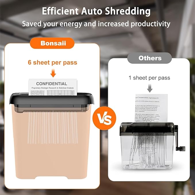 Bonsaii 6-Sheet Paper Shredder for Home Office, Portable Compact Design with Extendable Handle & Overheat Protection, 3.4 Gal Wastebasket