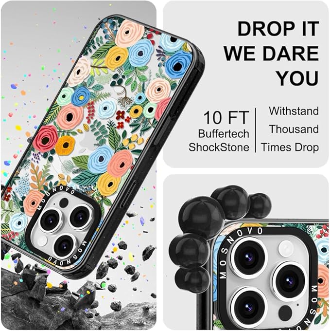 MOSNOVO Magnetic Case for iPhone 16 Pro, 10ft Military-Grade Protection, Compatible with Magsafe, Shockproof Phone Case for iPhone 16 Pro - Pastel Floral Garden - Clear Black