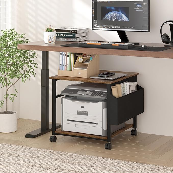 Lerliuo Large Printer Stand with Storage Shelf, 23.6 x 23.6 x 22.8 Industrial Printer Table for Home Office, Rolling Printer Cart Holder with Lockable Wheels, Mobile Mini Fridge Stand Table (Brown)