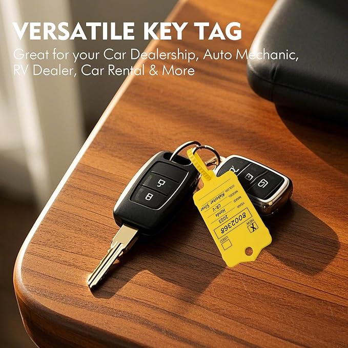 200 Car Key Tags with Labels Plastic Car Dealership Key Tags Self Locking Automotive Identifiers Blank Shop Labels with One Pen (Yellow)
