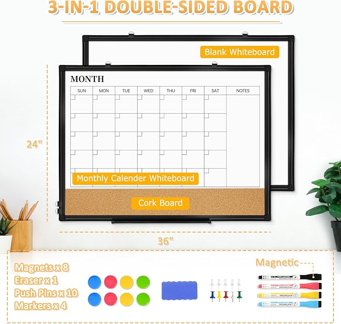 Large Dry Erase Calendar for Wall, 36"x24" Double-Sided Magnetic Whiteboard Calendar with Cork Board, Black Aluminum Frame Monthly White Board Memo Message Board for Office, Home, School