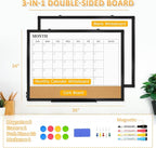 Large Dry Erase Calendar for Wall, 36"x24" Double-Sided Magnetic Whiteboard Calendar with Cork Board, Black Aluminum Frame Monthly White Board Memo Message Board for Office, Home, School