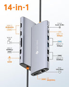 Dell/HP/Lenovo/Surface USB C Docking Station - Dual 4K60 HDMI+8K30 DP, 14 in 1 USB C Hub Adapter with 100W PD, RJ45, SD/TF, Audio, Multiport Dock for MacBook/Laptop