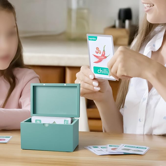 DRASTAR Index Card Holder, 3x5 Index Card Box, Wooden Index Card Organizer with 45 Index Card Dividers, Flashcard Notecard Holders for Home Office, Teal