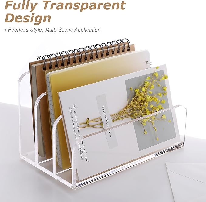 SANRUI Acrylic File Mail Desktop Organizer Sorters,3 Compartments Laddered Clear Desk Letter Organizer Office Document Sorter,Multifunction Envelope Folder Racks Holders for Office,Home, School