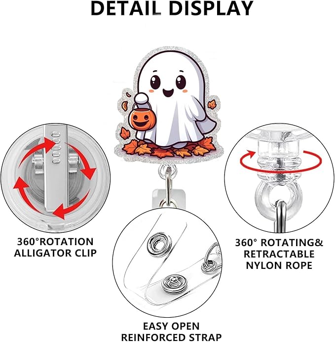 Ghost Badge Reel Retractable Ghost Carrying Basket Badge Clip with Maple Leaves Designs Acrylic Halloween ID Name Holder Clip for Nurse, Teacher, Student, Hospital, Office Worker Name Tag