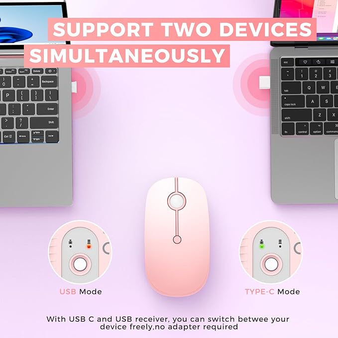 VssoPlor Type C Wireless Mouse, USB C MacBook Wireless Mouse Dual Mode 2.4G Cordless Mice with Nano USB and Type C Receiver Compatible with PC, Laptop, MacBook, ipad-Gradient Pink