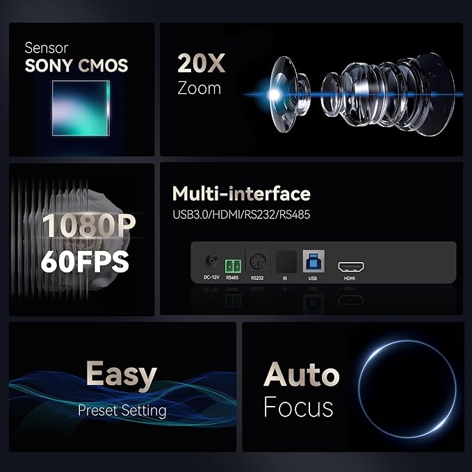 Tenveo 20X Optical Zoom PTZ Conference Room Camera, USB3.0/HDMI FHD 1080P 60FPS, for Video Conferencing Business Meeting Live Streaming Church Services Worship Events Education Zoom Teams OBS