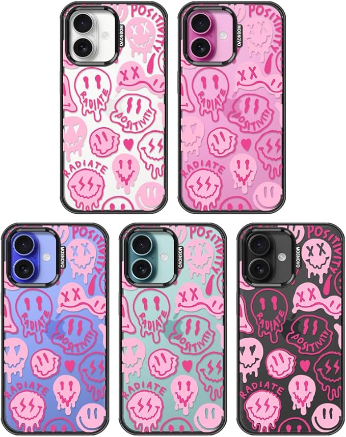 MOSNOVO Case for iPhone 16 Plus, [10ft 4X Military-Grade Drop Protection] Durable & Shockproof Phone Case Cover Design for iPhone 16 Plus - Pink Dripping Smiles - Clear Black