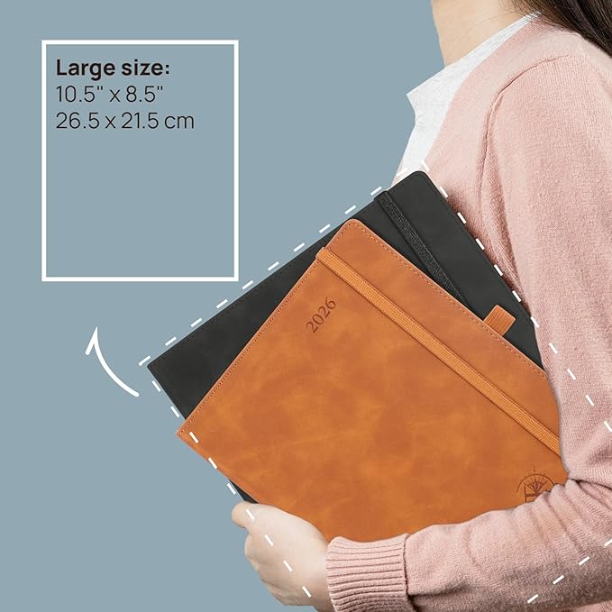 POPRUN Weekly Planner 2026 (Large 8.5" x 10.5") Calendar 12 Months Notebook with Horizontal Layout, Leather Soft Cover, Monthly Tabs, Inner Pocket, 100GSM Thick Paper, Pen Holder - Soft Pink