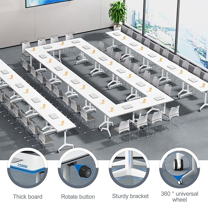 Folding Conference Room Table, Modern Mobile Training Table with Wheels, White Foldable Seminar Meeting Tables for Office Corporations (4pack 47.2in)