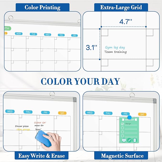 WALGLASS Dry Erase Calendar Whiteboard for Wall, 36" x 24" Double-Sided Monthly Calendar White Board with Silver Aluminum Frame, Hanging or Wall Mount Large Whiteboard for Home, Office, School