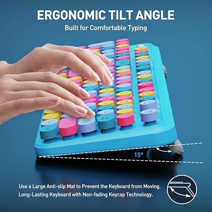 Wireless Keyboard and Mouse Combo, 2.4 GHz Wireless Full-Sized Typewriter Gaming Keyboard with Round Keycaps for Windows, Computer, Desktop, PC, Laptop (Blue)