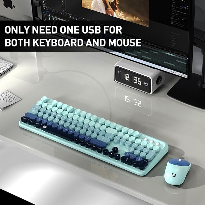 Wireless Keyboard and Mouse Set, 104 Round Keys Full-Size Cute Colorful Keyboard and Mouse with Retro Typewriter for PC/Mac/Laptop/Tablet/Computer/Windows Blue