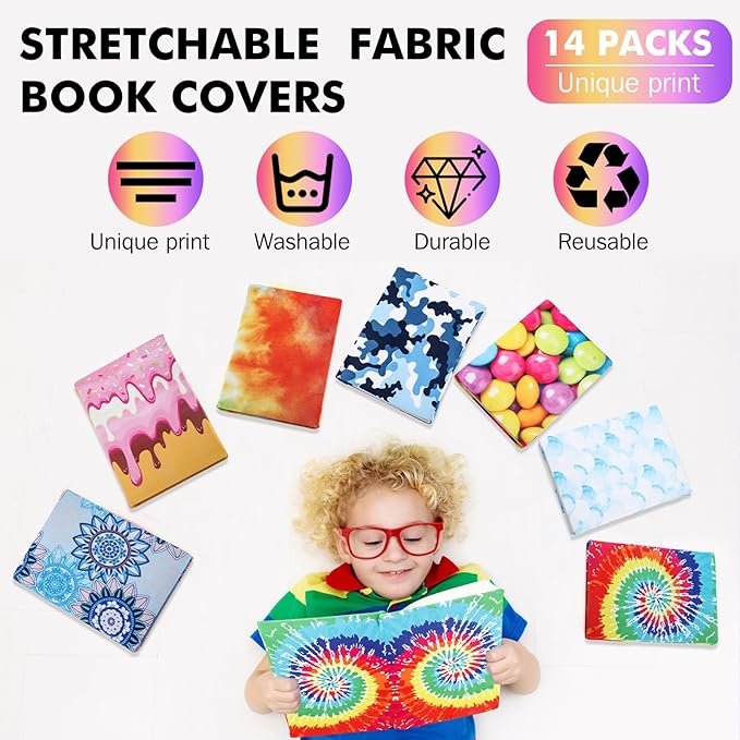 Sherr 14 Pack Stretchable Book Covers Reusable Jumbo Bookcloth 9" x 11" Durable Washable Back to School Book Cover Protector for Most Hardcover Books Textbooks(Multicolor,Modern)