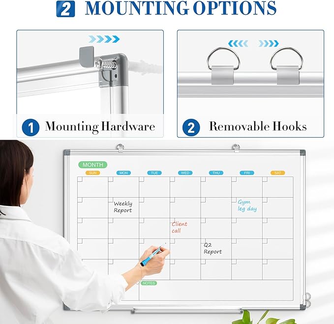 WALGLASS Dry Erase Calendar Whiteboard for Wall, 24" x 18" Double-Sided Monthly Calendar White Board with Silver Aluminum Frame, Hanging or Wall Mount Whiteboard for Home, Office, School