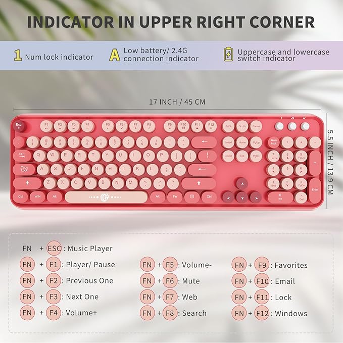 Wireless Keyboard and Mouse Combo, 104 Round Keys Cute Colorful Keyboard and Mouse with Retro Typewriter for PC/Mac/Laptop/Tablet/Computer/Windows Rose