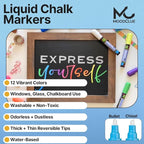 Liquid chalk markers 12 neon erasable Whiteboards, glass boards, chalkboards, windows, mirrors, car windshields, auto, glass. Odorless, non-toxic. Wet or dry erase. Thick and thin tip
