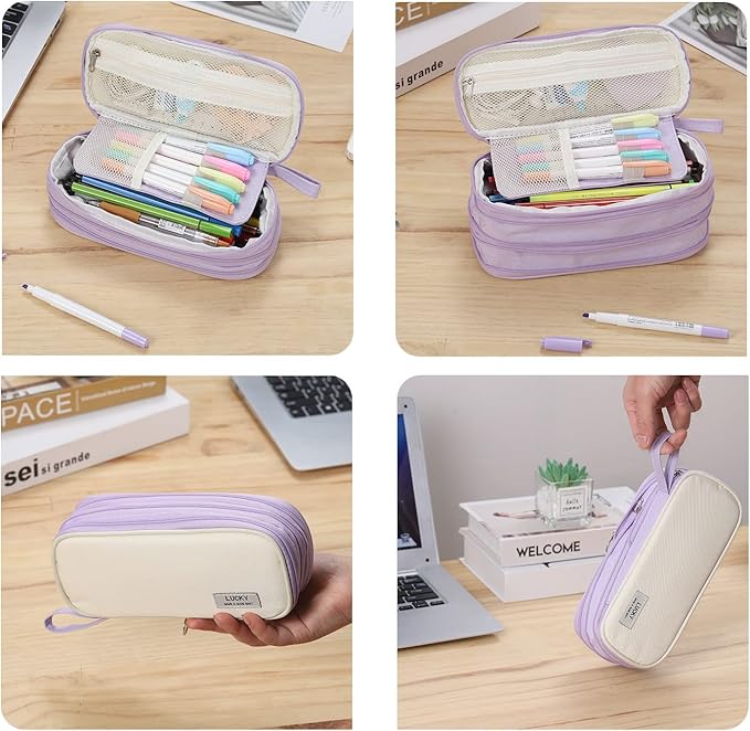 Big Pencil Case Zipper Pencil Pouch Organizer Large Capacity Pen Bag with Handle Portable for Girls Kids Adults Gift Pen Case for School Home Office Purple